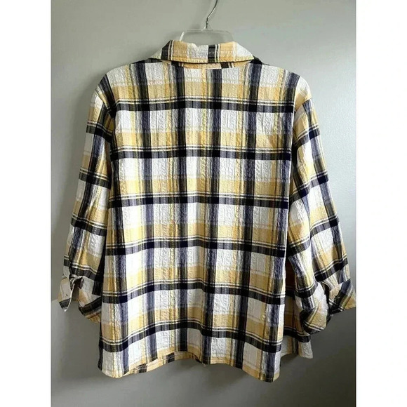 REBECCA MALONE WOMENS SIZE XL 3/4 SLEEVE YELLOW NAVY BLUE BUTTON BLOUSE NWOT - Picture 7 of 7